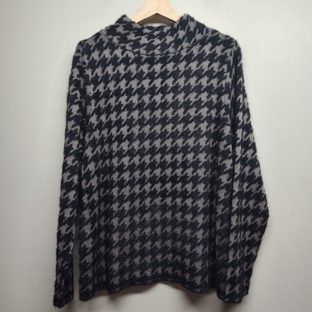 J. Jill Pullover Knit Sweater Women Size L Black Gray Houndstooth Mock Neck New